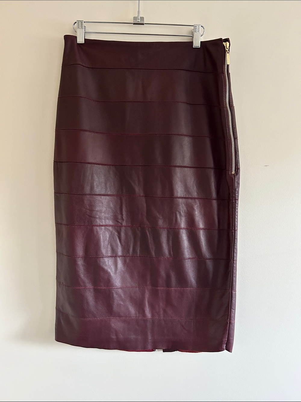 Marciano Lamb Leather Oxblood Pencil Skirt with Side Zip, size 10